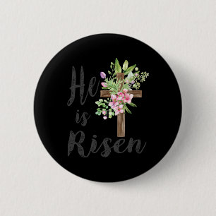 He Is Risen Floral Cross Vintage Happy Easter 2024 6 Cm Round Badge