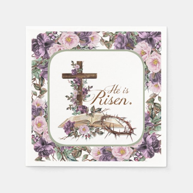 He is Risen Floral Cross with Bible Napkin (Front)