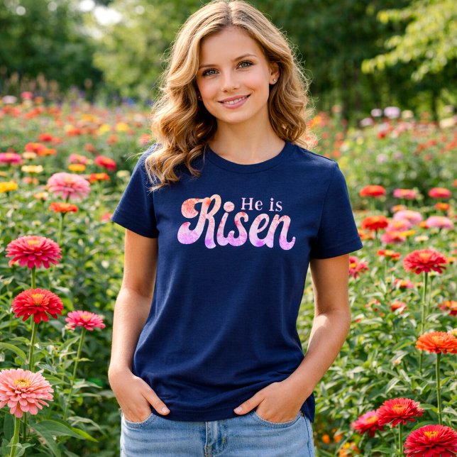 He Is Risen Floral Easter Font on Navy Christian Tri-Blend Shirt (He is Risen Zinnia Floral Font Easter Shirt)