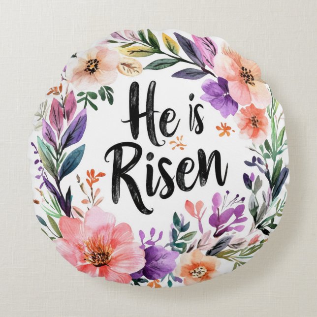 He is risen floral round cushion (Front)
