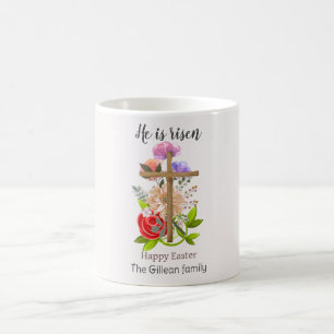He is risen, floral wood Easter family, Religious  Coffee Mug