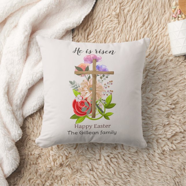 He is risen, floral wood Easter family, Religious Cushion (Blanket)