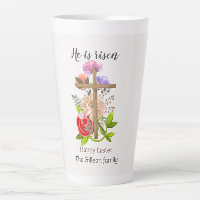 He is risen, floral wood Easter family, Religious  Latte Mug (Front)