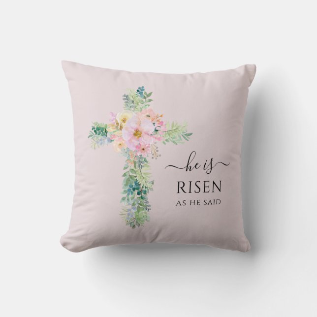 He is Risen Greenery Watercolor Cross Easter Cushion (Front)