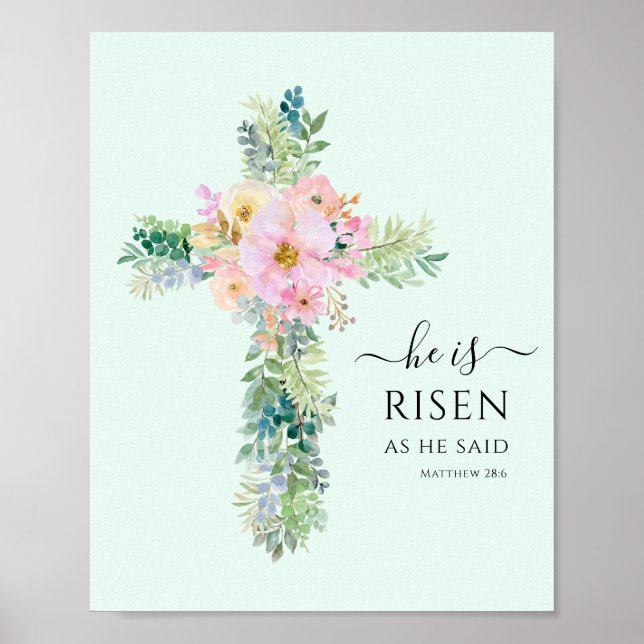 He is Risen Greenery Watercolor Cross Poster (Front)