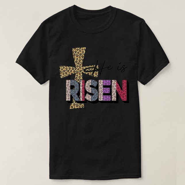He is Risen Happy Easter leopard plaid cross Women T-Shirt (Design Front)