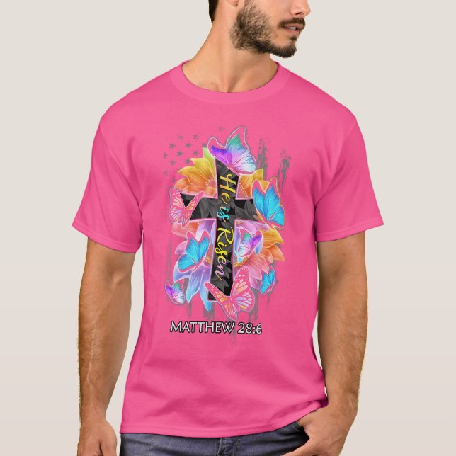 He Is Risen Jesus Christian Cross Butterfly Americ T-Shirt (Front)