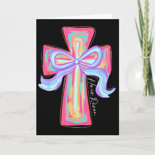 He Is Risen Jesus Christian Cross Coquette Bow Hap Card