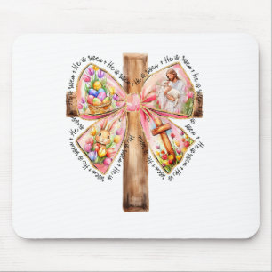 He Is Risen Jesus Coquette Bow Easter Cross Women  Mouse Pad
