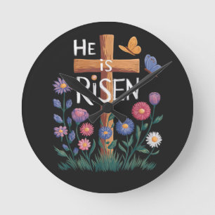 He Is Risen Jesus Floral Christian Easter Round Clock