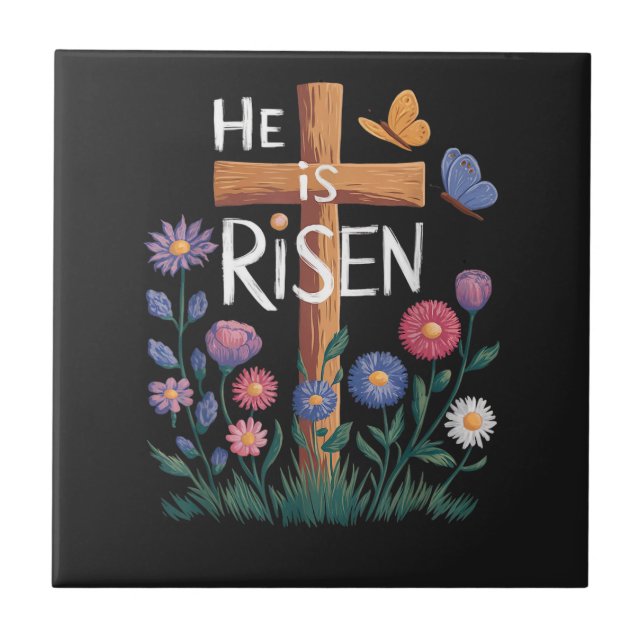 He Is Risen Jesus Floral Christian Easter Tile (Front)