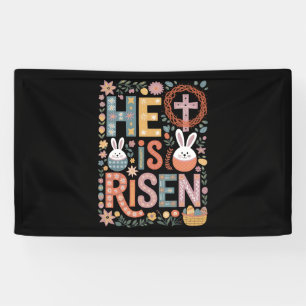 He is Risen Jesus Floral Cute Easter Bunny Rabbit Banner