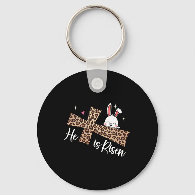 He Is Risen Leopard Cross Bunny Easter Day Christi Key Ring (Front)