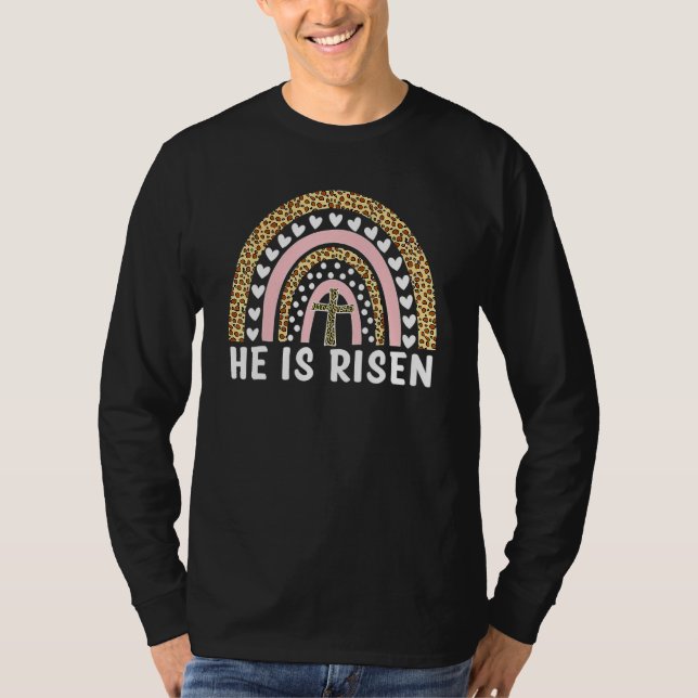 He Is Risen Leopard Rainbow Christian Jesus Happy  T-Shirt (Front)