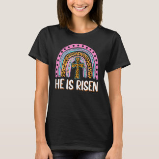 He Is Risen Leopard Rainbow Christian Jesus Happy T-Shirt