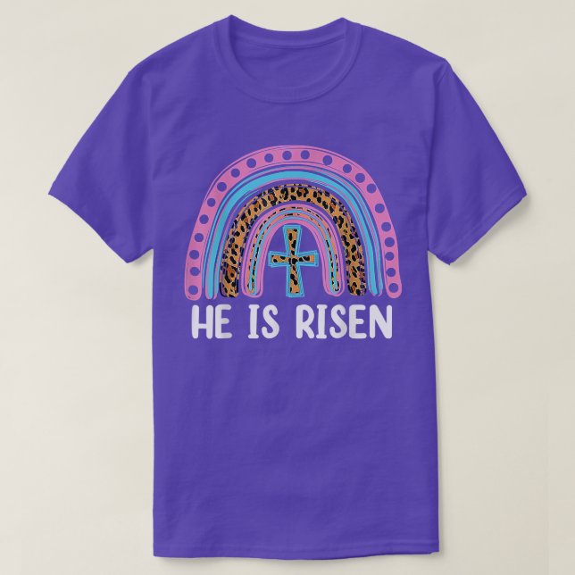 He Is Risen Leopard Rainbow Christian Jesus Happy  T-Shirt (Design Front)