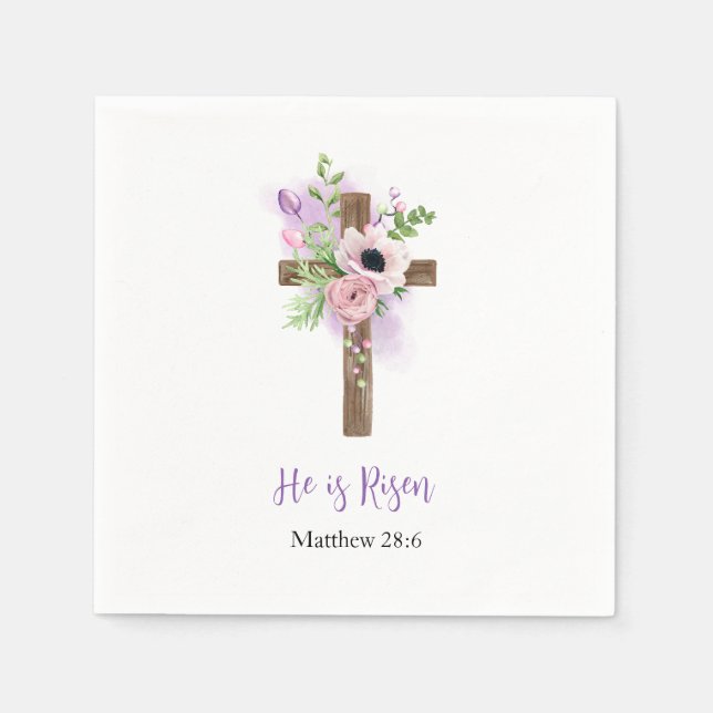 He is Risen Purple Beautiful Floral Cross Easter Napkin (Front)