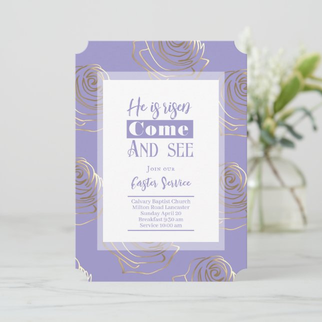 He Is Risen Purple Easter Invitation Card (Standing Front)