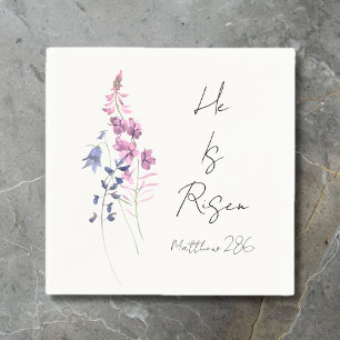 He is Risen Purple Floral Script Religious Easter  Napkin