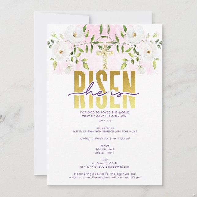 He Is Risen Religious Christian Quote Easter Invitation (Front)