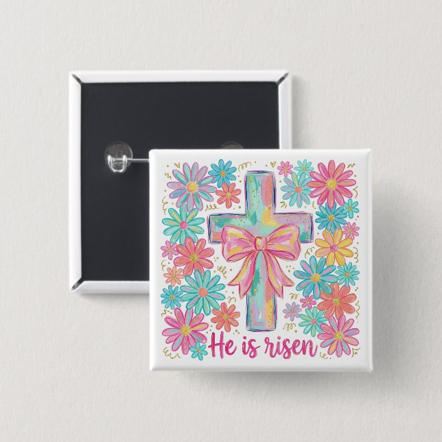"He is risen" Religious Cross  Easter 15 Cm Square Badge (Front & Back)