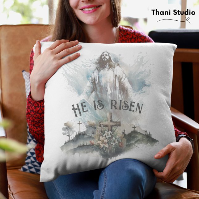 He is Risen Religious Easter Christian Cross Cushion (Creator Uploaded)