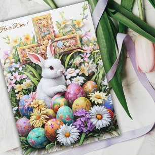 He Is Risen Religous Easter Bunny Cross Floral  Holiday Card