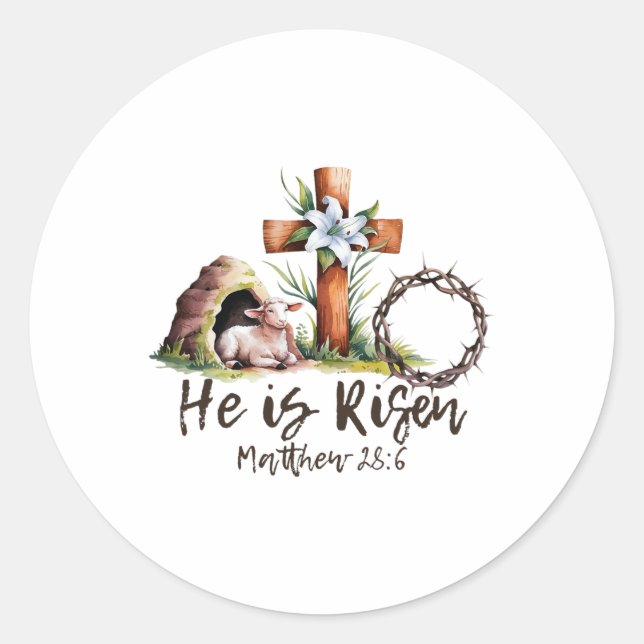 He Is Risen Sheep Lamb Cross Jesus Christian Easte Classic Round Sticker (Front)