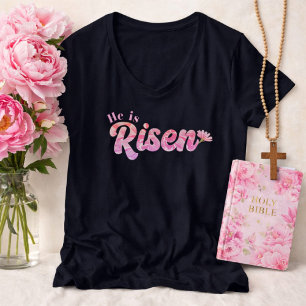 He Is Risen Soft Pink Floral Typography Easter T-Shirt