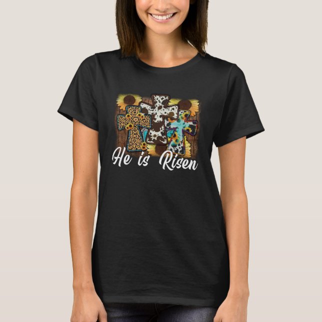 He is Risen Sunflower Leopard Cross Happy Easter D T-Shirt (Front)