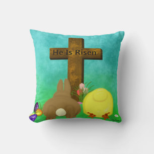 He Is Risen! The Easter Bunny Chick Bow to Cross Cushion
