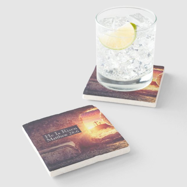 He Is Risen Three Crosses Empty Tomb Easter Stone Coaster (Side)