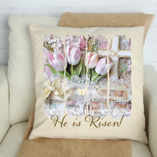 He is Risen Tulip Cross Christian Vintage Womens Cushion