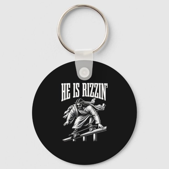 He Is Rizzin Funny Jesus Skateboard Meme  Key Ring (Front)