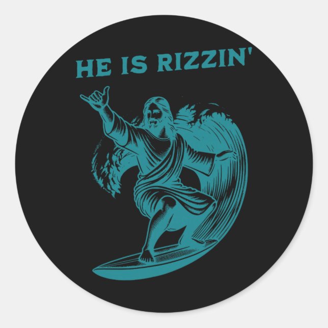 He Is Rizzin Jesus Surfing Funny Retro Easter Vint Classic Round Sticker (Front)