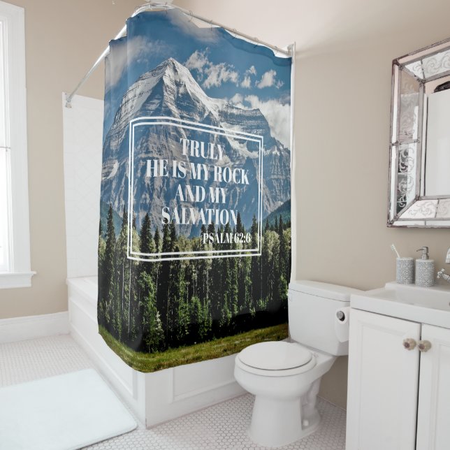 He My Rock Christian Bible Verse Mountain Photo Shower Curtain (In Situ)