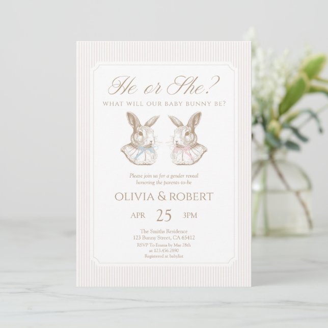 He or She Baby Bunny Gender Reveal Invitation (Standing Front)