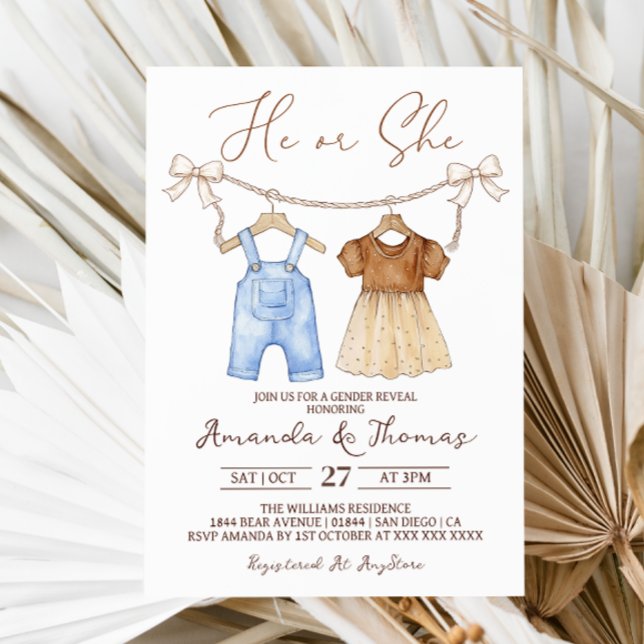 He or She Baby Clothes Gender Reveal Invitation (Creator Uploaded)
