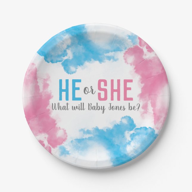 He or She Baby Gender Reveal Smoke Bomb Party Paper Plate (Front)