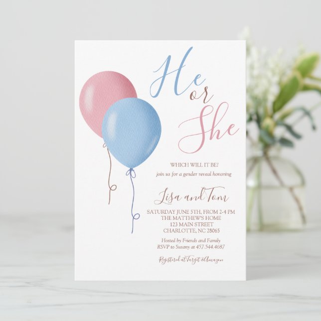 He Or She Ballons Gender Reveal Party Invitation (Standing Front)