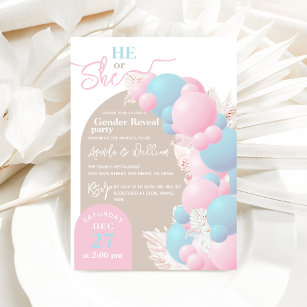He or She Balloon Modern Gender reveal party   Invitation