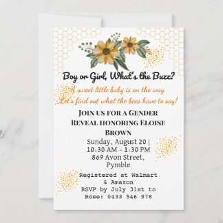 He or She Bee Yellow Floral Gender Reveal Party  Invitation