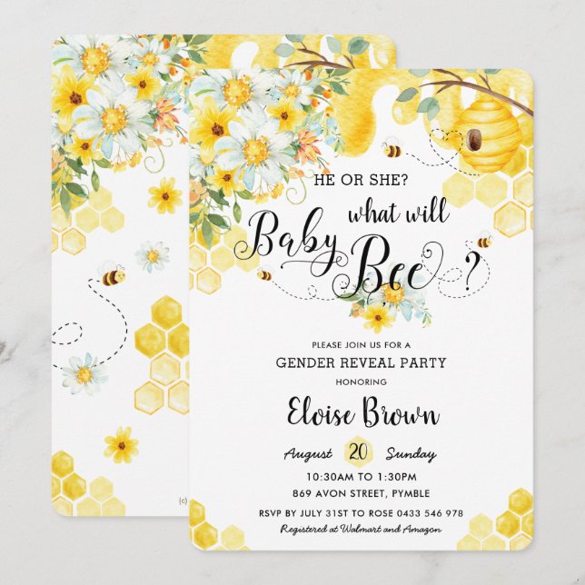 He or She Bees Yellow Floral Gender Reveal Party   Invitation (Front/Back)