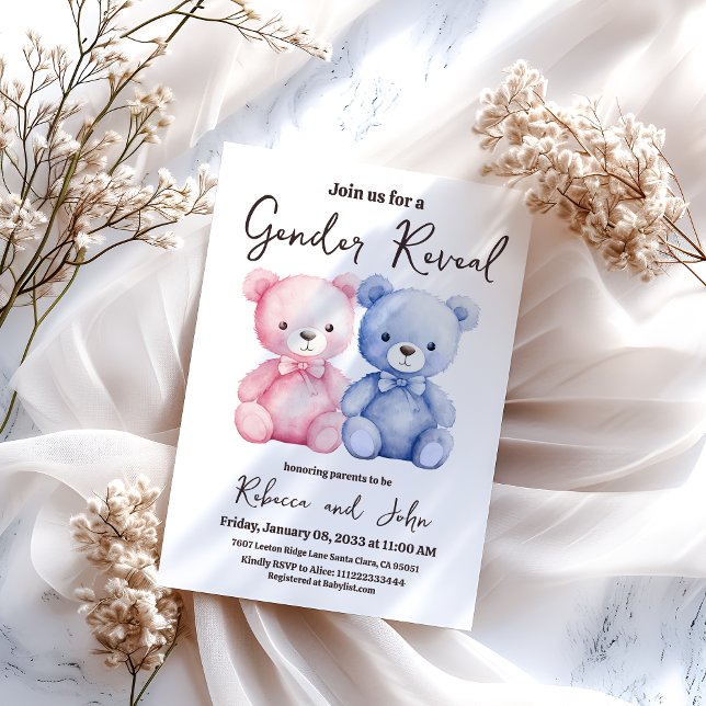 He or She Blue and Pink Bear Gender Reveal Party Invitation (Creator Uploaded)