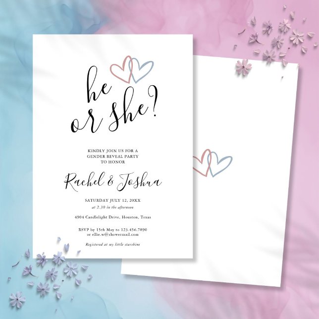 He Or She Blue Pink Hearts Gender Reveal Party Invitation (He Or She Blue Pink Hearts Gender Reveal Party Invitation)