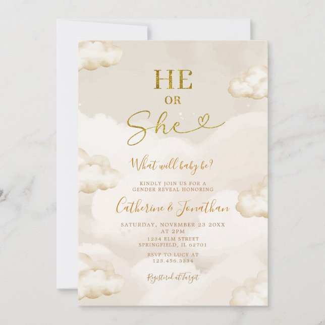 He Or She Boho Beige Clouds Gold Gender Reveal Invitation (Front)