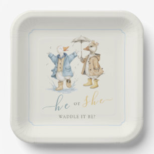He or She Country Goose Blue Yellow Watercolor Paper Plate