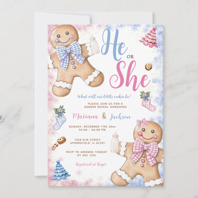 He Or She Cute Gingerbread Christmas Gender Reveal Invitation (Front)