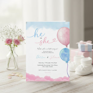 He or She Cute Pink & Blue Balloons Gender Reveal Invitation