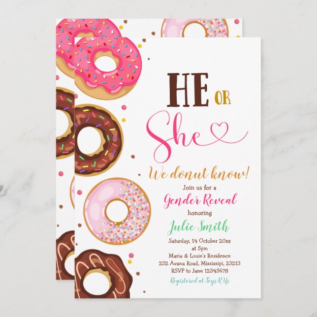 He or She Doughnut Gender Reveal Invitation (Front/Back)